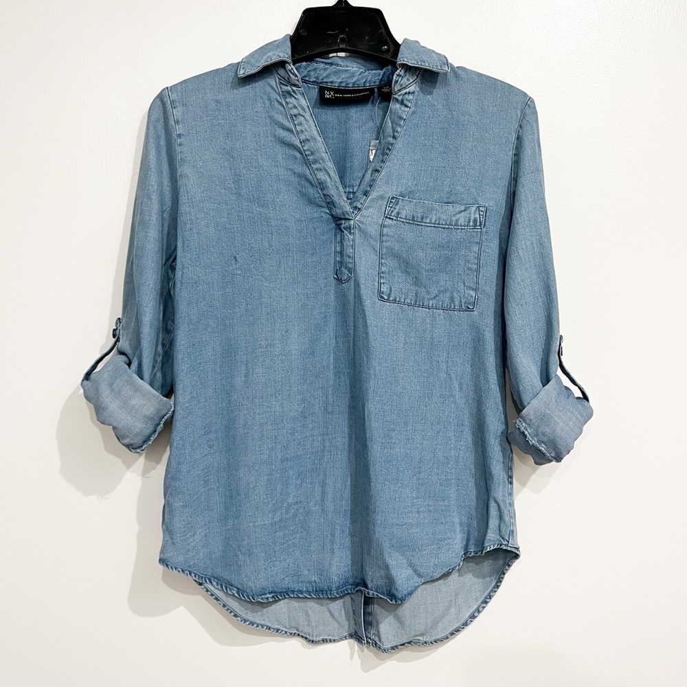 NWT Chambray Shirt with Roll Up Sleeves and Button Back